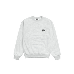Stussy Basic Crew Ash Heather sneakers frontbillede med gråt tekstilmateriale og det ikoniske Stüssy-logo i sort på brystet i stilrent design