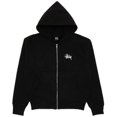 Stussy Basic Stussy Zip Hoodie Black sneakers kan ikke vises, da det er en hættetrøje. Produktbillede viser sort hoodie med lynlås og hvidt logo