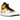 Air Jordan 1 Mid University Gold sneakers i sideprofil med gul overdel, hvide læderpaneler, sort Swoosh og snørebånd på en klassisk gummisål