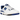 New Balance 550 White Blue sneakers i profilvisning med hvid læderoverdel, blå detaljer på hælen, logo og en robust gummisål i off-white