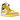 Air Jordan 1 Mid Vivid Sulfur sneakers vist fra siden i hvide og gule læderpaneler med sort swoosh, snørebånd og gummiydersål.