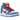 Nike SB Dunk High Doraemon sneakers i en vinklet visning med blåt ruskind, hvide læderdetaljer og røde snørebånd med en gul swoosh