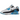 Nike Air Max 90 Laser Blue (2020) sneakers i vinklet profil med hvid mesh-overdel, sorte detaljer og ikonisk Laser Blue farve på sålen.