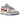 Nike Dunk Low Light Iron Ore Red Blue sneakers i sideprofil med grå overdel, røde detaljer og blå Swoosh-logoer på en hvid mellemsål