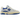 New Balance 550 Heron Blue Sea Salt sneakers sideprofil med hvide læderoverdele, blå detaljer på logo og hæl samt en off-white mellemsål