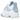 Air Jordan 4 Retro Forget Me Not sneakers set fra siden med hvid læderoverdel, lyseblå detaljer og klassisk Air-enhed i hælen på hvid mellemsål.